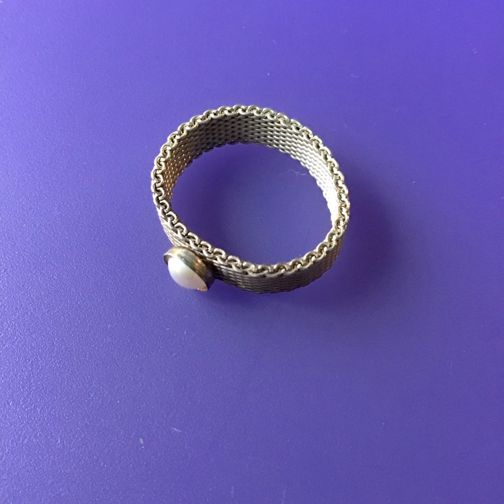 Sterling Silver Mesh Ring with Pearl Accent